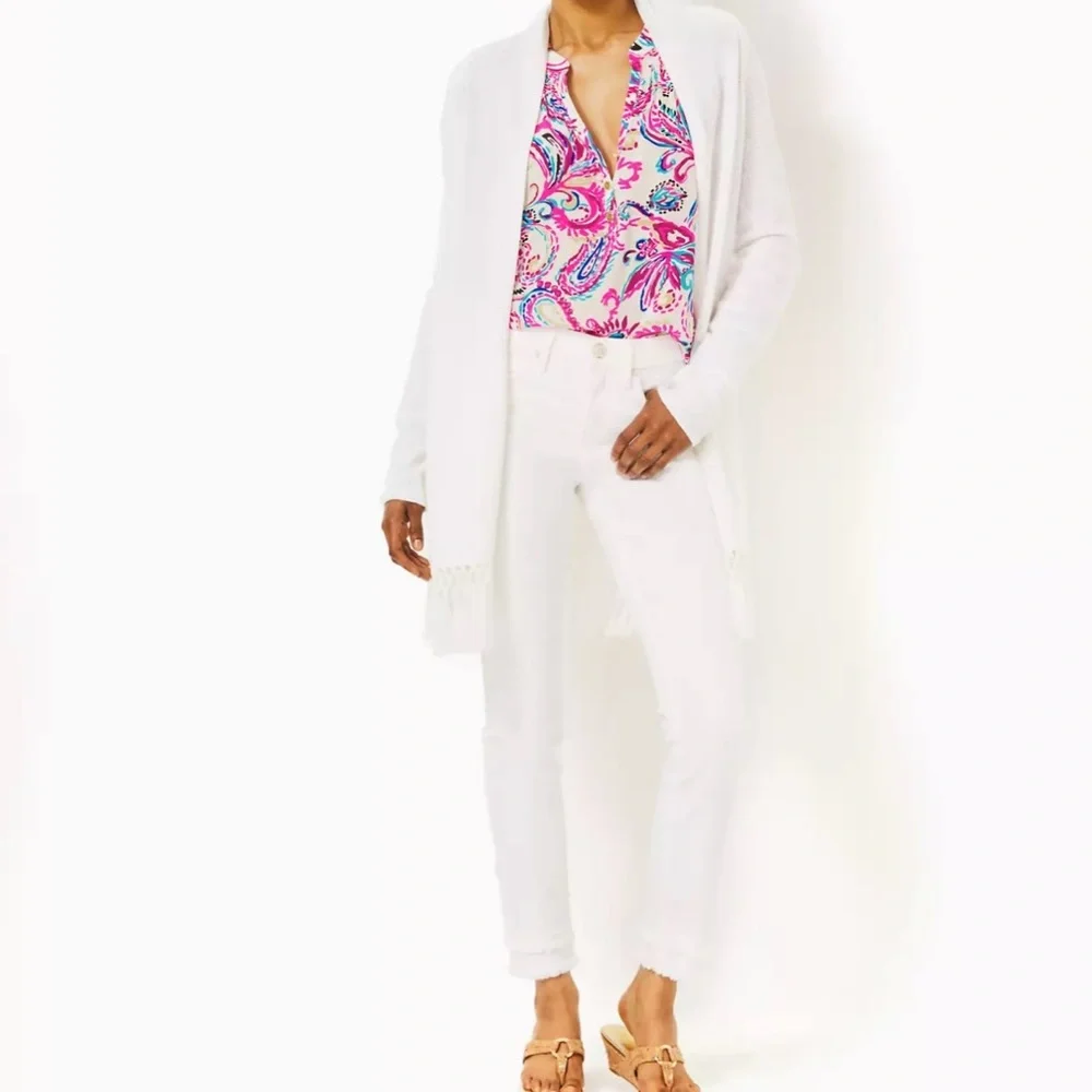 Brand New Lilly Pulitzer Tatum Cardigan with fringe In Resort White, L - Picture 2 of 4